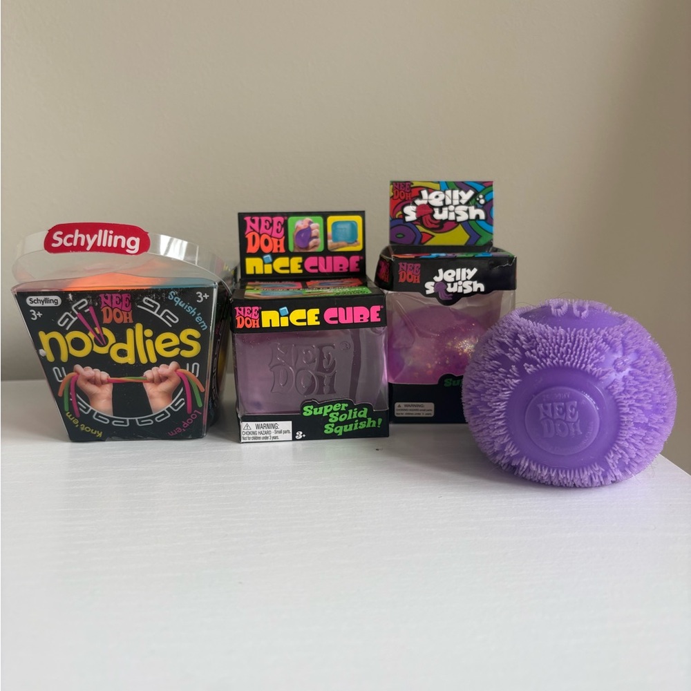 Nee Doh noodles,nice cube purple fizz ball without box & “Needoh” branded jelly